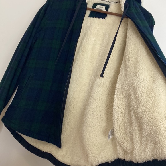 LL Bean Hoodie Womens Small Blue Scotch Plaid Flannel Sherpa Fleece Zip Shacket - Picture 13 of 16